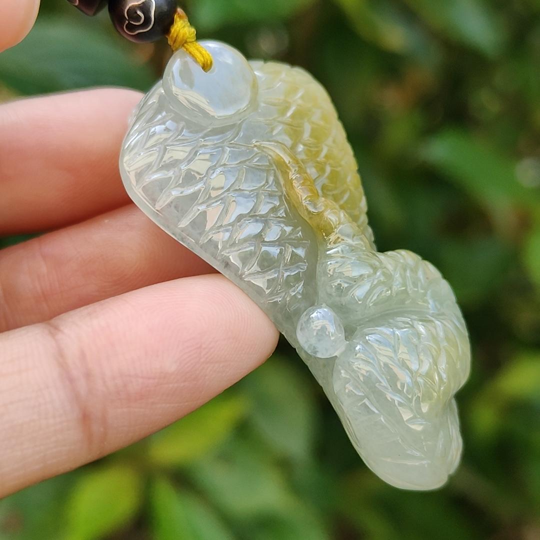 Light green and Yellow Natural Type A Jadeite Pendant carved as Snake, symbols of rebirth, transformation, immortality and healing, certificate included weigh 19.32 grams, 47.3 * 25.7 * 13.3 mm, suitable for daily wear (pendant76) Yi Pin Qian
