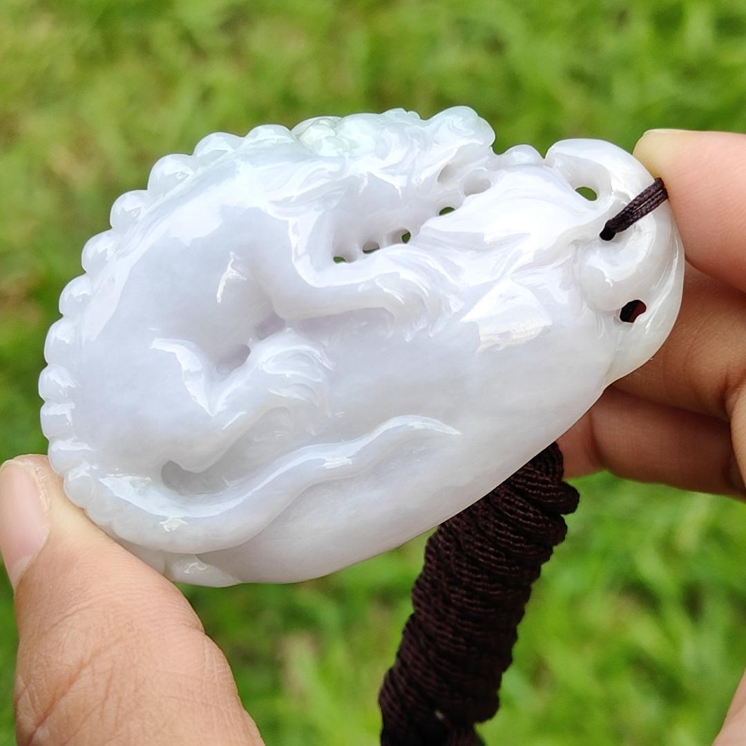 Light Lavender with Light Green Natural Type A Jadeite Jade crafted as Handheld piece or Pendant Necklace crafted as the Mythical Beast with certificate weigh 63.13 grams, measurement 63.8 * 43.8 * 16.6 mm (hand2) Yi Pin Qian