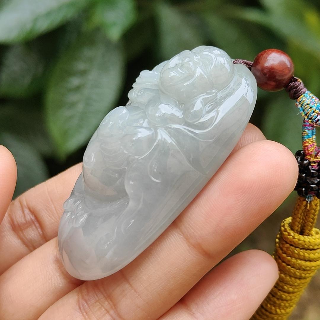 High Quality Light Green Hue Natural Type A Jadeite Jade crafted as Milo Buddha for Pendant, certificate weighs 44.34 grams, measurement 52.6 * 29.6 * 17.5 mm (pendant289) Yi Pin Qian