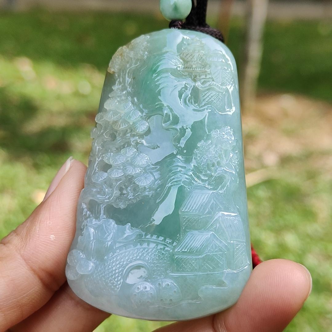 High Quality Light Green with Yellow Natural Type A Jadeite Jade crafted with sceneries as Pendant, certificate weighs 78.02 grams, measurement 66.1 * 40.5 * 13.3 mm (pendant280) Yi Pin Qian