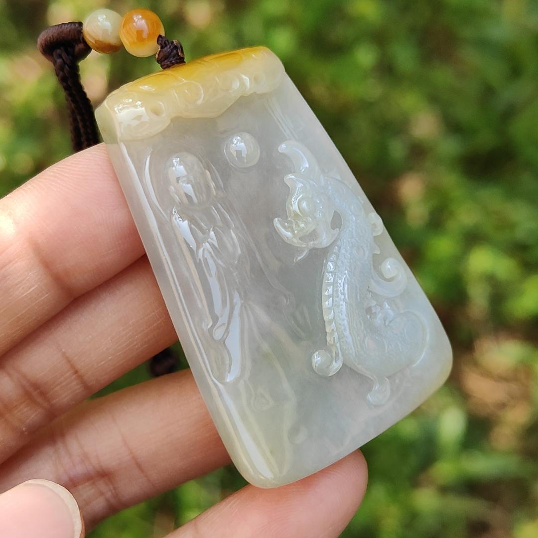 Rare Yellow and white Glutinous Natural Type A Jadeite Pendant Necklace crafted with faceless buddha and dragon olc school style with certificate weigh 37.61 grams, 51 * 33.2 * 10 mm (pendant101) Yi Pin Qian