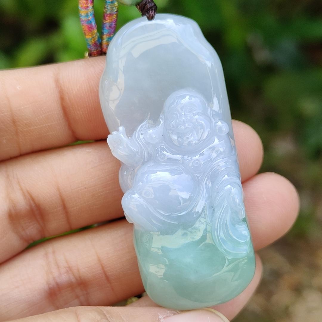 Lavender and Green Natural Type A Jadeite Pendant crafted with Milo Buddha represent Compassionate, tolerant, optimistic and open-minded with certificate weight 29.40 grams, 50.80 * 20.80 * 13.60 mm suitable for daily wear (pendant108) Yi Pin Qian