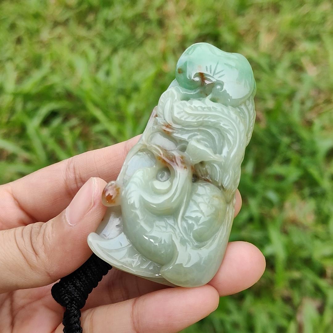 Green with Red Patches Natural Type A Jadeite Pendant Necklae Crafted with Old School Phoenix and ruyi with certificate weigh 50.24 grams, 67.7 * 35 * 11.8 mm, symbols of Good luck and a good life noble authority (pendant23) Yi Pin Qian