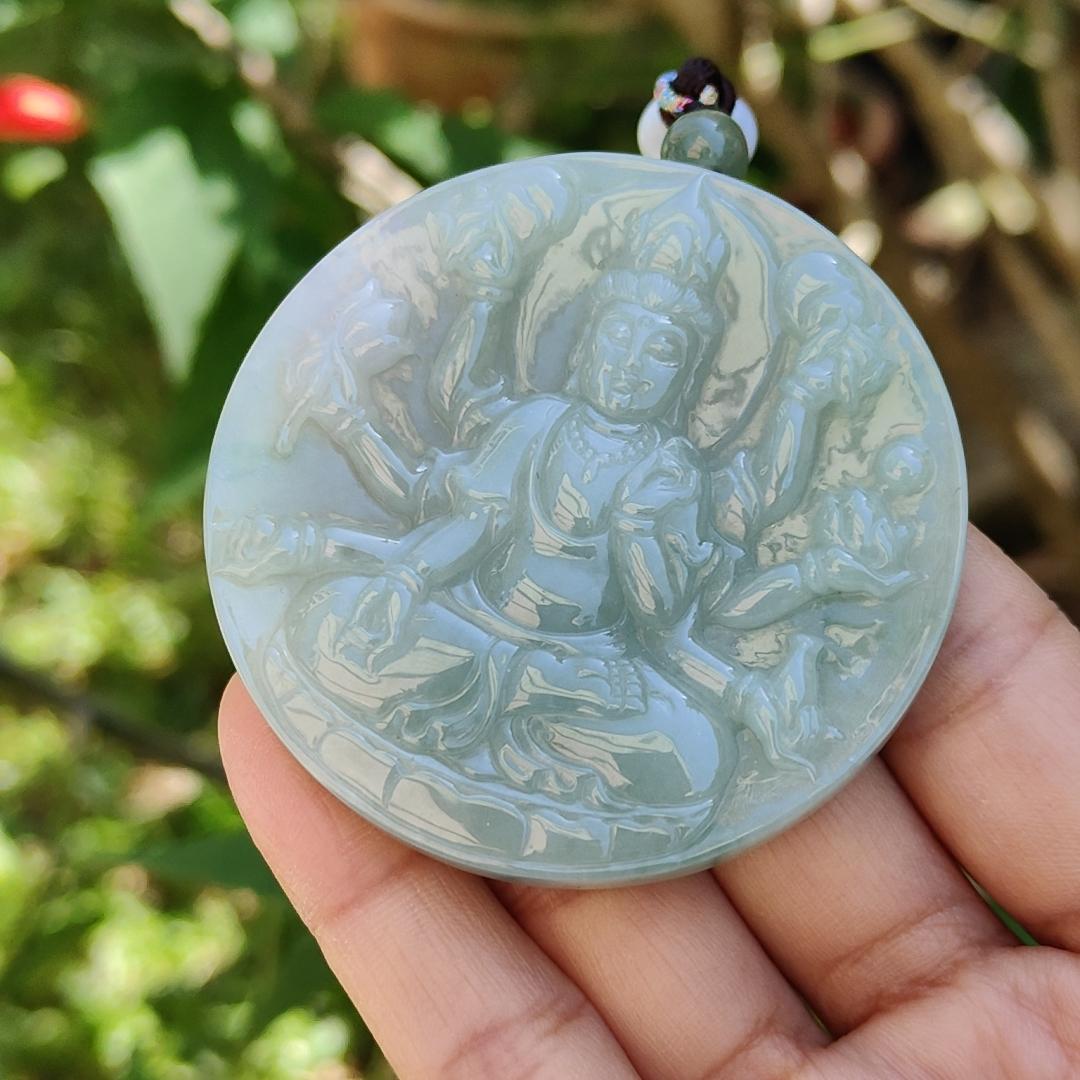 Light Green Natural Type A Jadeite Pendant Necklace crafted as Thousand Hands Guanyin with certificate weigh 48.82 grams, 57.6 * 57.6 * 7.2 mmsymbols of Eliminate obstacles and resolve all disasters, peace and auspiciousness for daily wear (pendant43) Yi Pin Qian
