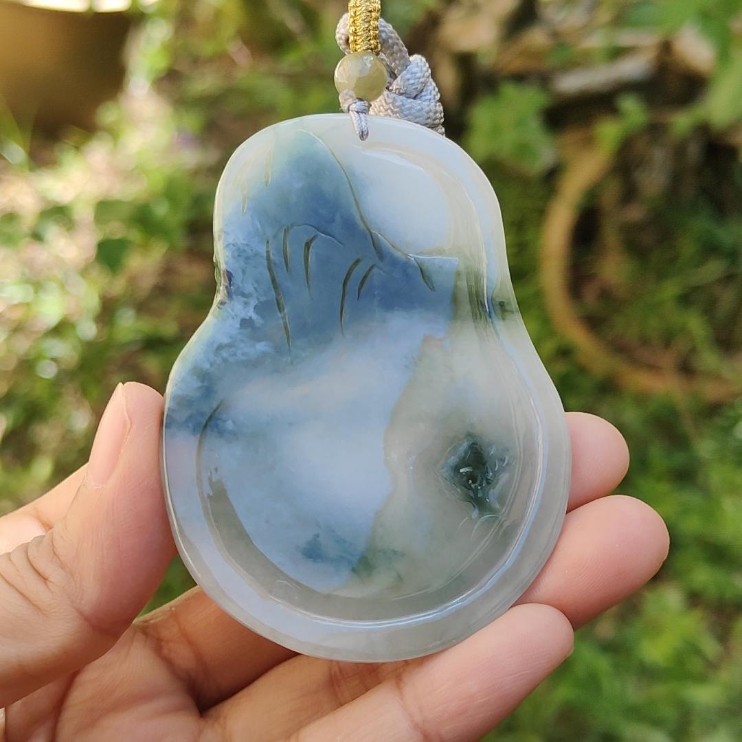 Premium Rare Semi Icy Natural Type A Jadeite crafted with Scenery and Laughing Buddha, certificate included weigh 51.59 grams, 71.8 * 53.1 * 7.5 mm, collector item, (pendant51), Yi Pin Qian