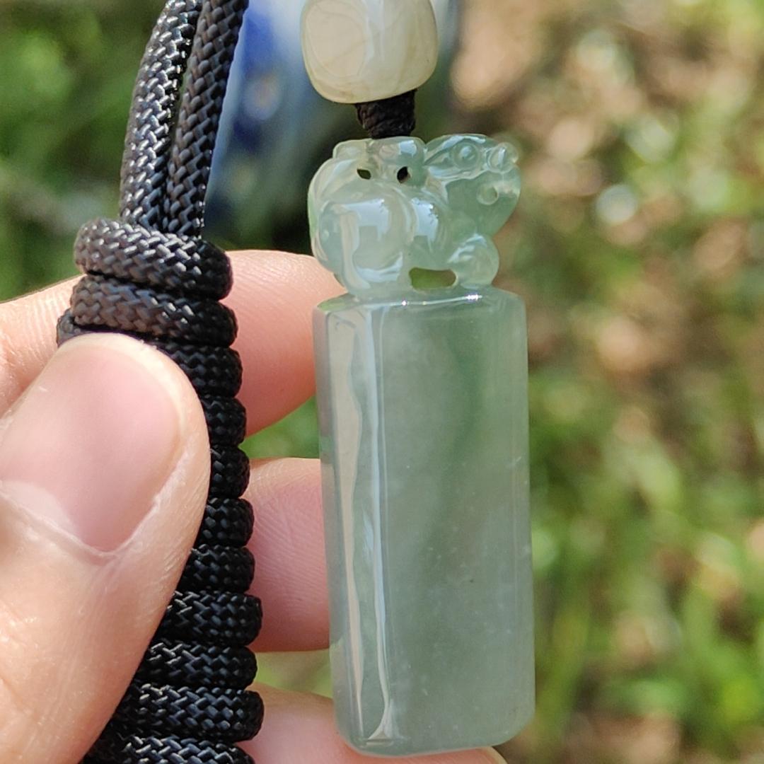 An Excellent Piece of Green Natural Type A Jadeite Pendant Necklace or Stamp crafted with Pixiu boosting Incoming Money and power with certificate weigh 13.16 grams, 41.2 * 13.6 * 8.7 mm , (pendant137) Yi Pin Qian
