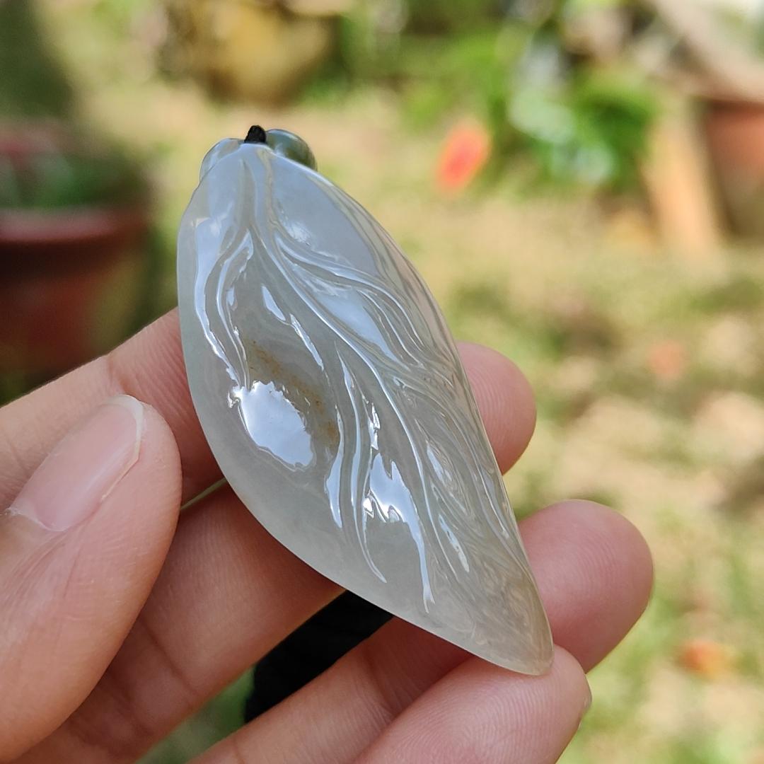Icy Translucent with Yellow Patches Natural Type A Jadeite Jade crafted with leaf and Cicada as a Pendant, certificate weigh 13.68 grams, measurement 52 * 21.7 * 11.8 mm (pendant224) Yi Pin Qian