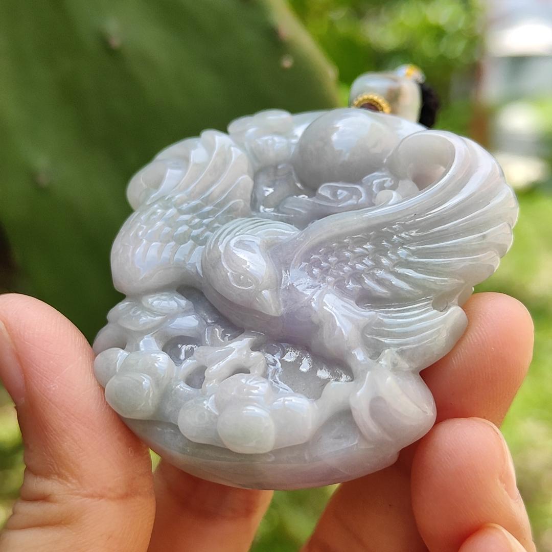 Lavender Natural Type A Jadeite Pendant crafted with Eagle meaning win, good for businesse, majesty, power and freedrom, certificate weight 75.8150 gram, 57 * 54.20 * 15.10 mm (pendant111) Yi Pin Qian