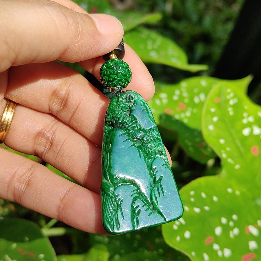 Dark Green Natural Type A Jadeite carved with scenery pendant with NGI Gemstone report weight 19.21 grams , 43.10 * 25.36 * 7.50 mm , Semi Translucent to opaque fine grain crystal aggregate - Good for daily wear pendant (pendant152) Yi Pin Qian