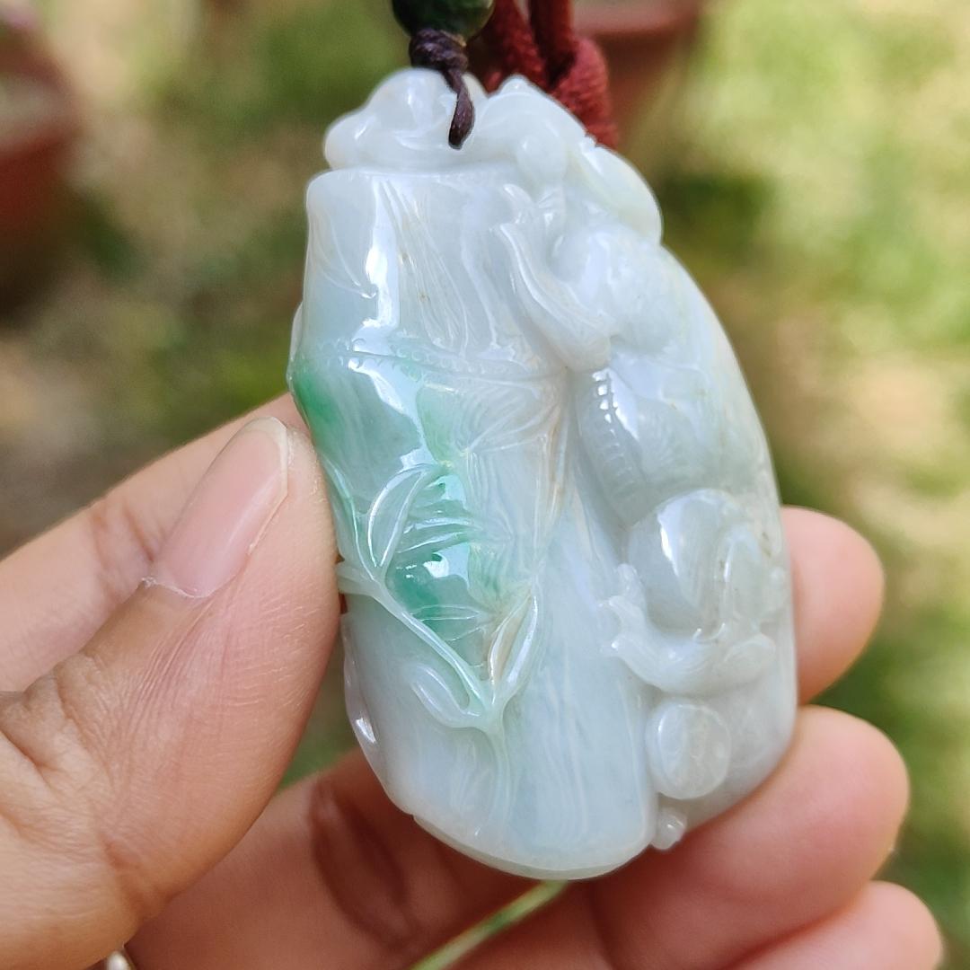 Green with yellow patches Natural Type A Jadeite Jade crafted as Bamboo with Pixiu as Pendant, certificate weigh 35.85 grams, measurement 52.3 * 31 * 12.2 mm (pendant223) Yi Pin Qian