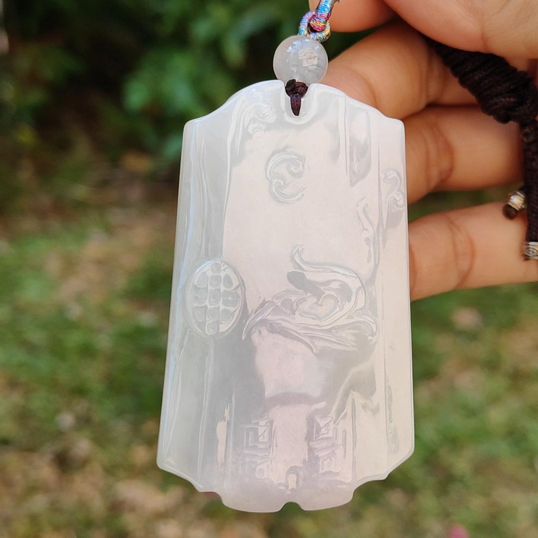 Hugh Light Lavender and Light Green Natural Type A Jadeite Pendant Necklace crafted as Chinese Old School Style pendant with chinese poem at the back, certificate included weigh 54.38 grams, 66.2 * 39.2 * 8.2 mm, collectible or daily wear (pendant38) Yi Pin Qian