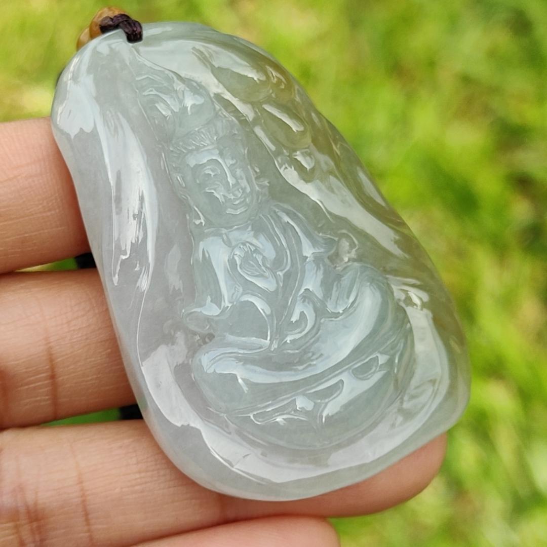 Light Green and Yellow Natural Type A Jadeite Jade Pendant Necklace crafted with Guanyin, certificate included weigh 34.84 grams, Measurement 52 * 35.9 * 11.1 mm (pendant176) Yi Pin Qian