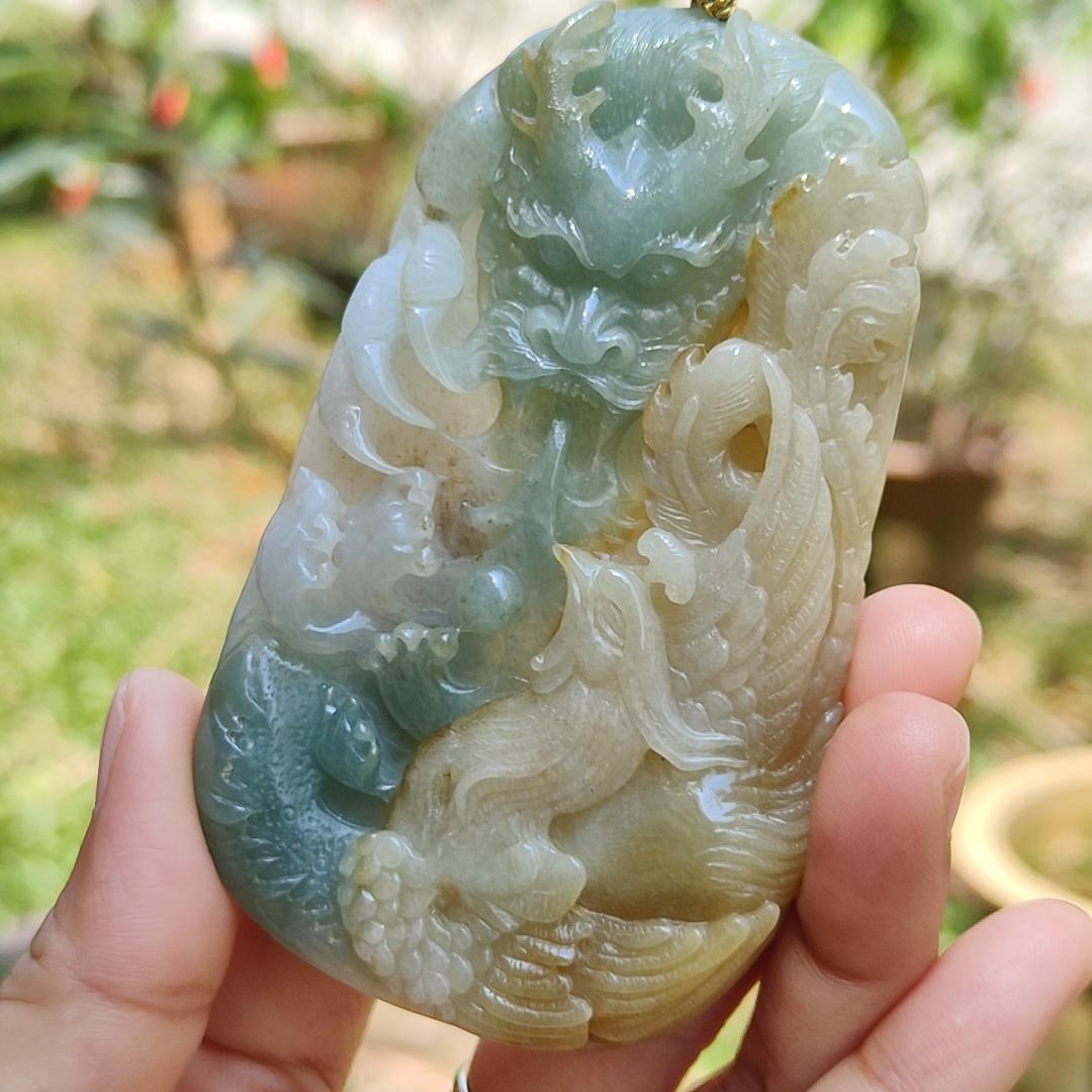 Light Green and Yellow Natural Type A Jadeite Jade Crafted with Dragon and Pheonix as Pendant, Certificate weigh 96.95 grams, measurement 90.2 * 55.7 * 11.5 mm (pendant222) Yi Pin Qian