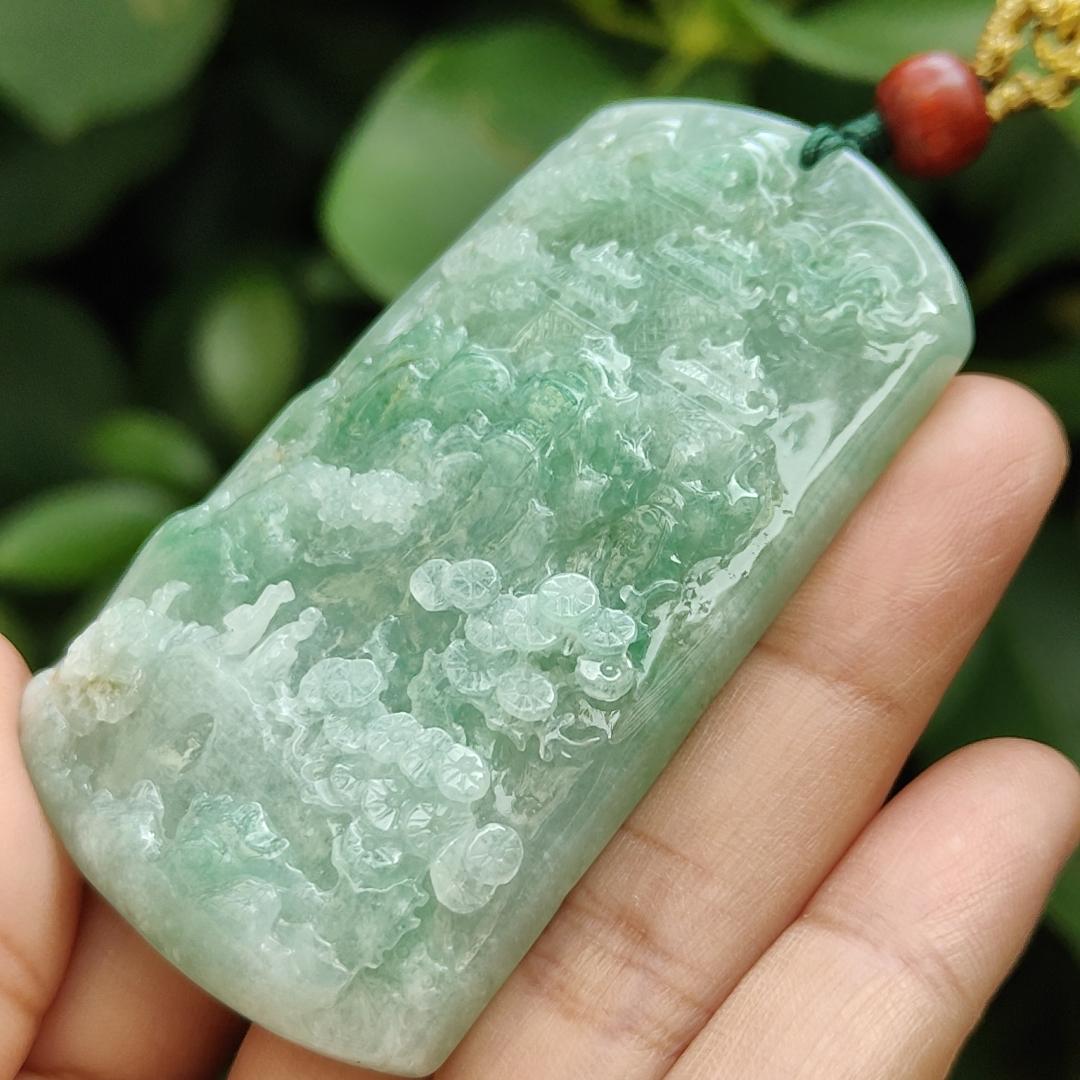 Crafted with Sceneries Pendant on Light Green Natural Type A Jadeite Jade, certificate weighs 63.08 grams, measurement 68.5 * 41.1 * 10.7 mm (pendant350) Yi Pin Qian Jadeites Jade Jewelry ~Your Precious Quintessential ~ Singapore