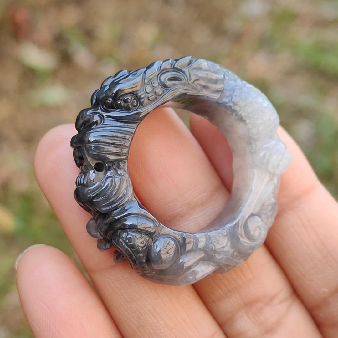 Black and White Natural Type A Jadeite Jade crafted with Dragon as 21mm Ring, certificate weigh 16.8 grams, measurement 10.5 * 8.3 mm (ring7) Yi Pin Qian