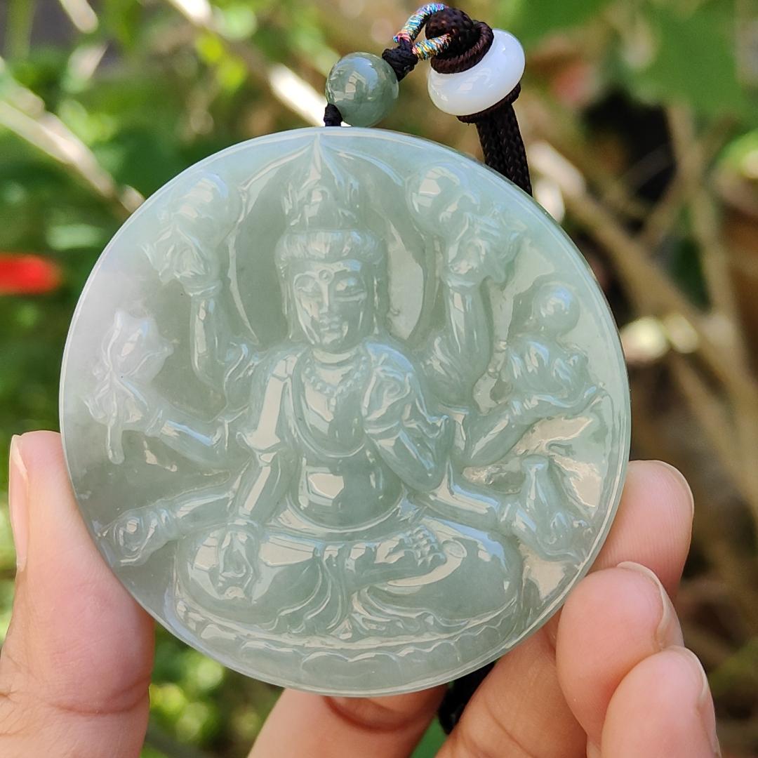 Light Green Natural Type A Jadeite Pendant Necklace crafted as Thousand Hands Guanyin with certificate weigh 48.82 grams, 57.6 * 57.6 * 7.2 mmsymbols of Eliminate obstacles and resolve all disasters, peace and auspiciousness for daily wear (pendant43) Yi Pin Qian