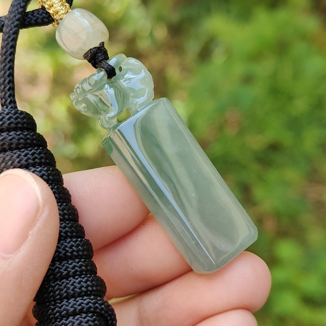 An Excellent Piece of Green Natural Type A Jadeite Pendant Necklace or Stamp crafted with Pixiu boosting Incoming Money and power with certificate weigh 13.16 grams, 41.2 * 13.6 * 8.7 mm , (pendant137) Yi Pin Qian