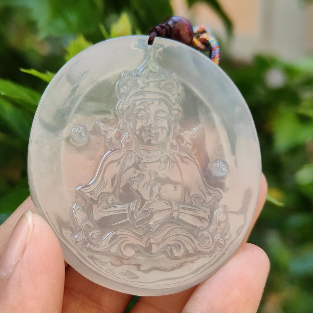 Very Rare High Translucent Icy Natural Type A Jadeite Pendant carved with Guanyin symbolizes compassion, mercy, healing, protection, purity, enlightenment, harmony, balance, and the feminine divine certificate weigh 19.62 g, 52.8 * 46.6 * 5 mm (pendant78) Yi Pin Qian