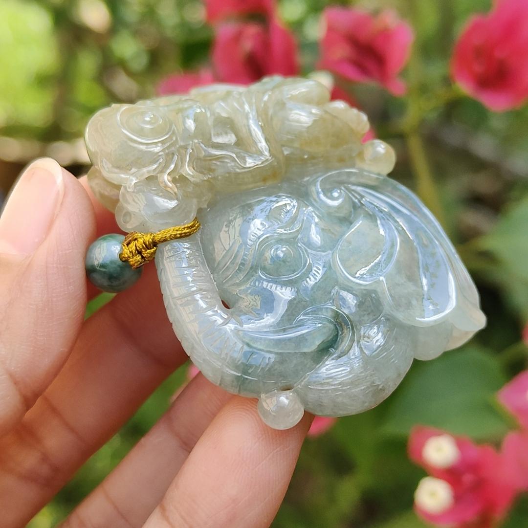 Light green and Yellow Natural Type A Jadeite Pendant, a rare collection carved with Monkey, Elephant and Ruyi, symbols of Wisdom, strength, authority, good luck and protection, certificate included weigh 47.85 grams, 55.7 * 36 * 13.8 mm (pendant74) Yi Pin Qian