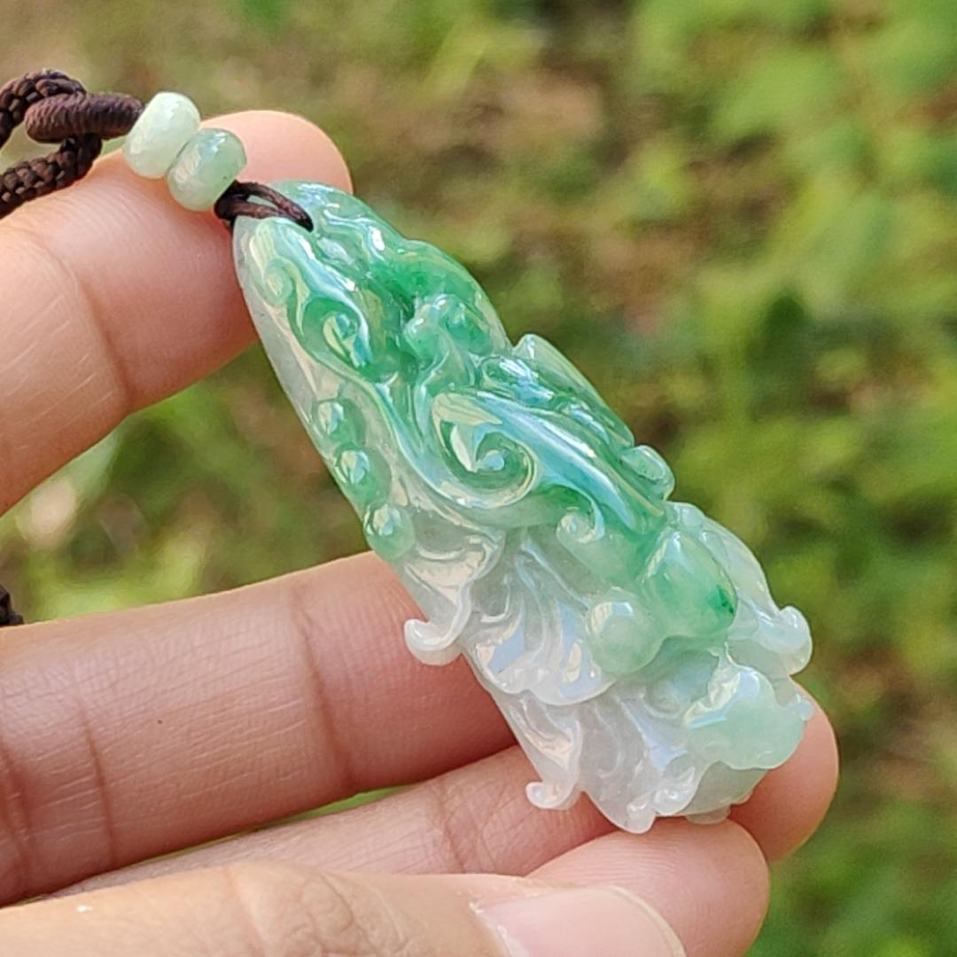 Lots Of Green on this Natural Type A Jadeite Pendant Necklace Crafted as Chinese Cabbage with Ruyi, Symbols of Wealth rolling in, good luck and prosperity, certificate included weigh 15.27 grams, 47.9 * 19.6 * 14.8 mm, (pendant30) Yi Pin Qian
