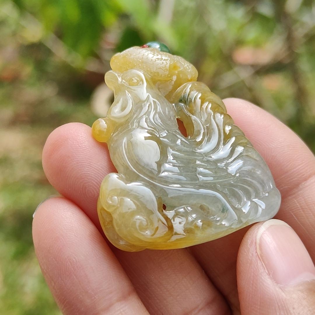 Premium Quality Yellow and Green Natural Type A Jadeite Jade crafted as Rooster with Ruyi as pendant necklace with certificate weigh 17.7 grams, measurement 41.6 * 34.8 * 7.5 mm (pendant208) Yi Pin Qian