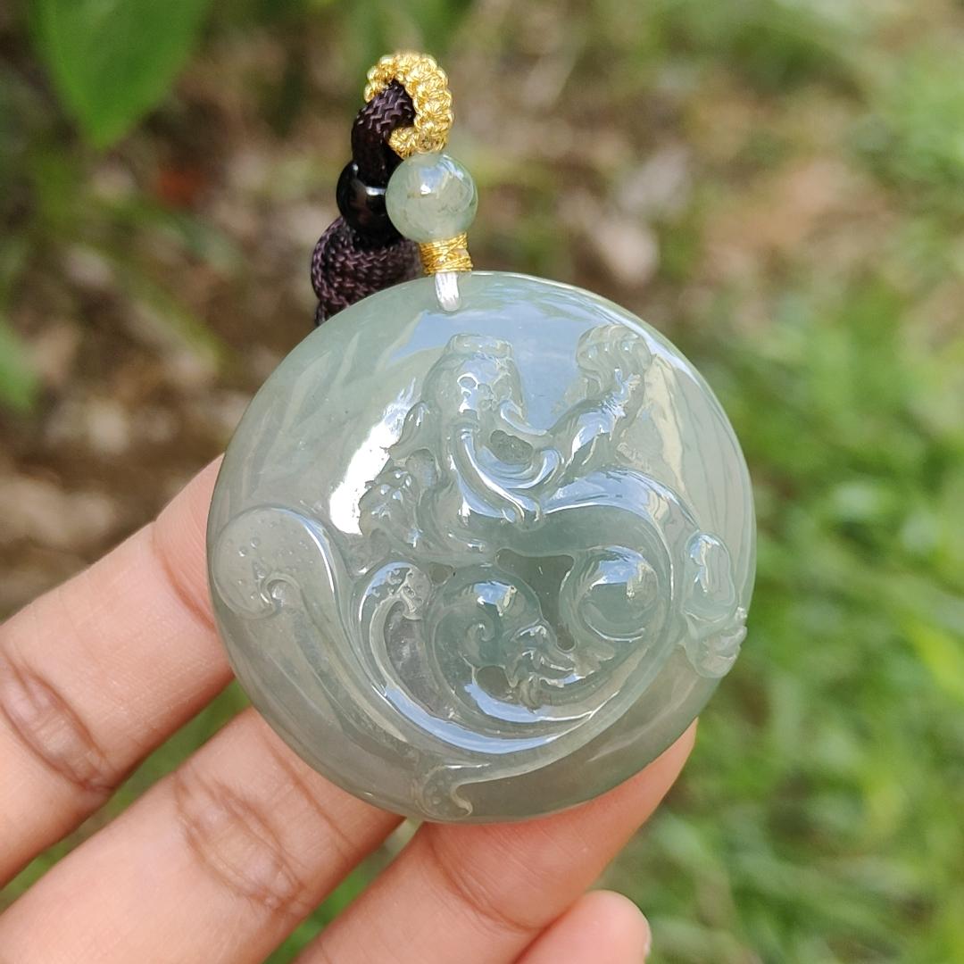 Premium Quality Light Green Natural Type A Jadeite Jade Pendant Necklace crafted with Old School Style Dragon, certificate included weigh 29.48 grams, measurement 42 * 42 * 11 (pendant174) Yi Pin Qian