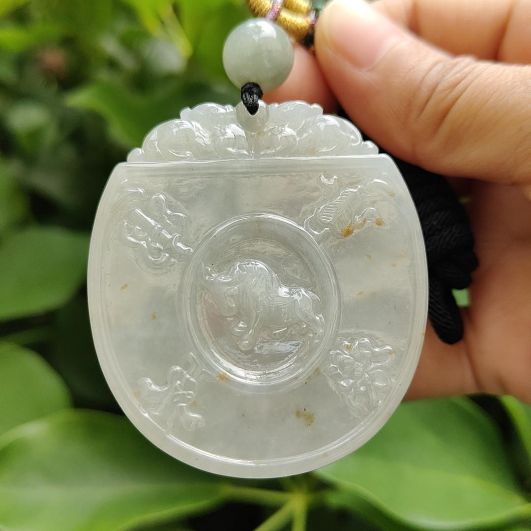 Crafted on Natural Light Green, Yellow Type-A Jadeite-Jade as Traditional Pendant with Pair of Pixiu, Bull and Chinese Word meaning auspicious, certificate weighs 32.14 grams, measurement 54.5 * 47.5 * 5.5 mm (pendant301) Yi Pin Qian Jadeites Jade Jewelry ~Your Precious Quintessential ~ Singapore