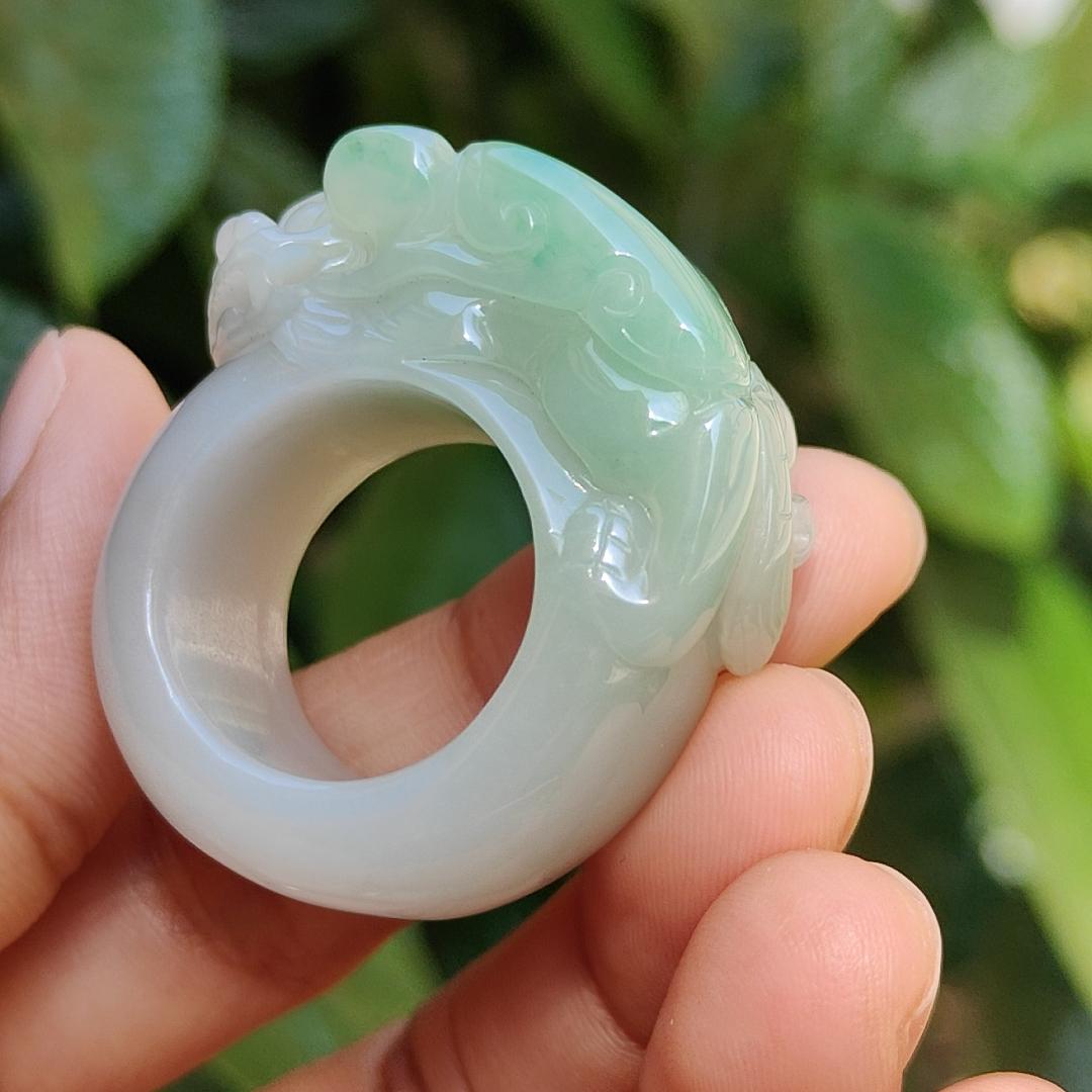 Rare Quality Light Green with White Natural Type A Jadeite Jade crafted with Pixiu and Ruyi as Ring, certificate weigh 31.97 grams, measurement 36.2 * 16 * 13, Finger size 19.5 mm (ring5) Yi Pin Qian