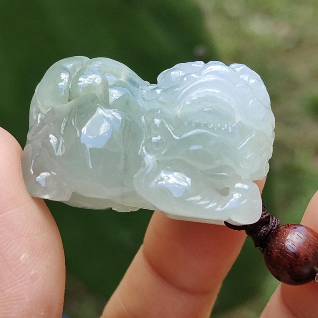 Light Green Semi Icy Lion Pendant Necklace Natural Type A Jadeite with certificate included weigh 25.70 grams, 32 * 17.2 * 21 mm, symbols of Strength, courage and good luck, suitable for daily wear Yi Pin Qian