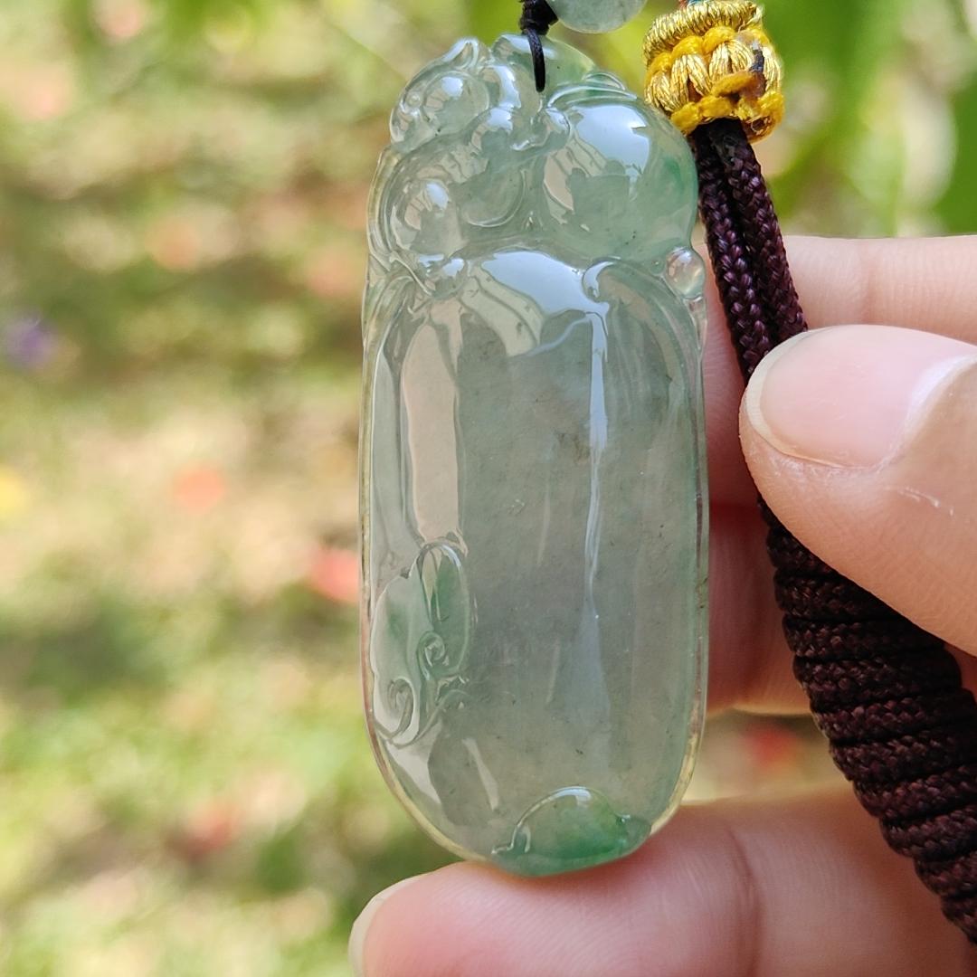 Premium Quality Icy Translucent Green with Green Patches Natural Type A Jadeite Jade crafted with Squirrel and Ruyi as Pendant, certificate weigh 17.83 grams, measurement 49.3 * 21 * 9.3 mm (pendant225) Yi Pin Qian