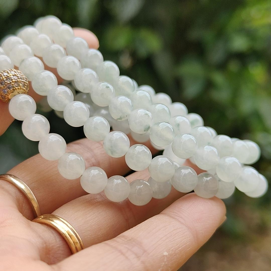 Premium Icy Translucent with Light Green patches Natural Type A Jadeite Jade crafted with 108 * 6.5 mm beads as Bracelet or Necklace, certificate weighs 52.19 grams (bracelet25) Yi Pin Qian