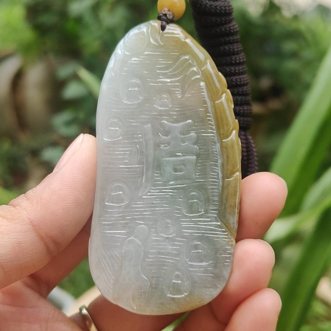 High Quality Yellow with Light Green Natural Type A Jadeite Jade crafted with Buddha and Monk as Pendant, certificate weigh 54.87 grams, measurement 71.6 * 35.6 * 9.5 mm (pendant262) Yi Pin Qian
