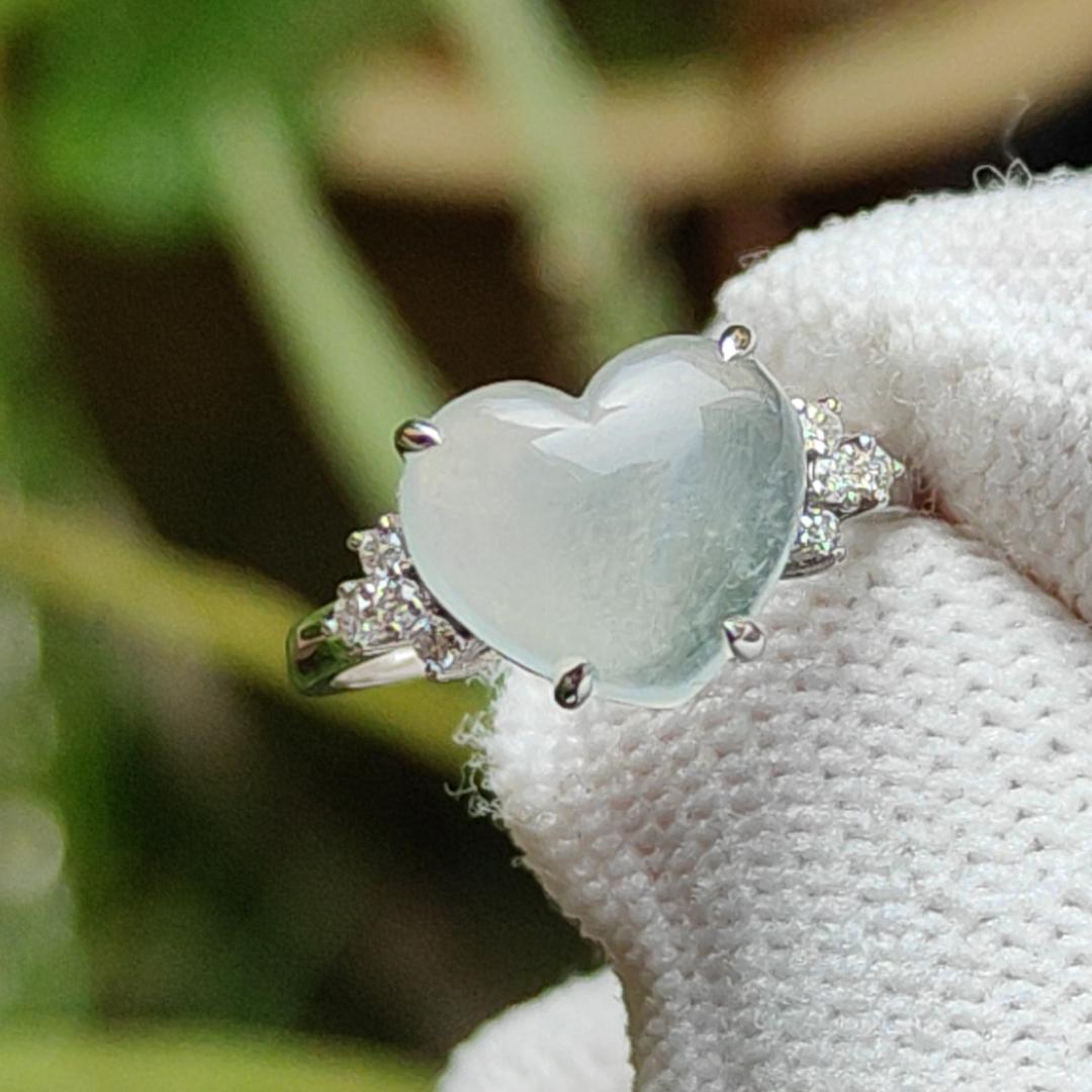 Mid Year Offer - Premium Icy Translucent Natural Type A Jadeite Jade Cabochon 8.5 * 9.8 * 3.2 mm crafted with shape of Heart set on 18k gold as Ring, certificate weighs 1.83 grams (18kring27) Yi Pin Qian