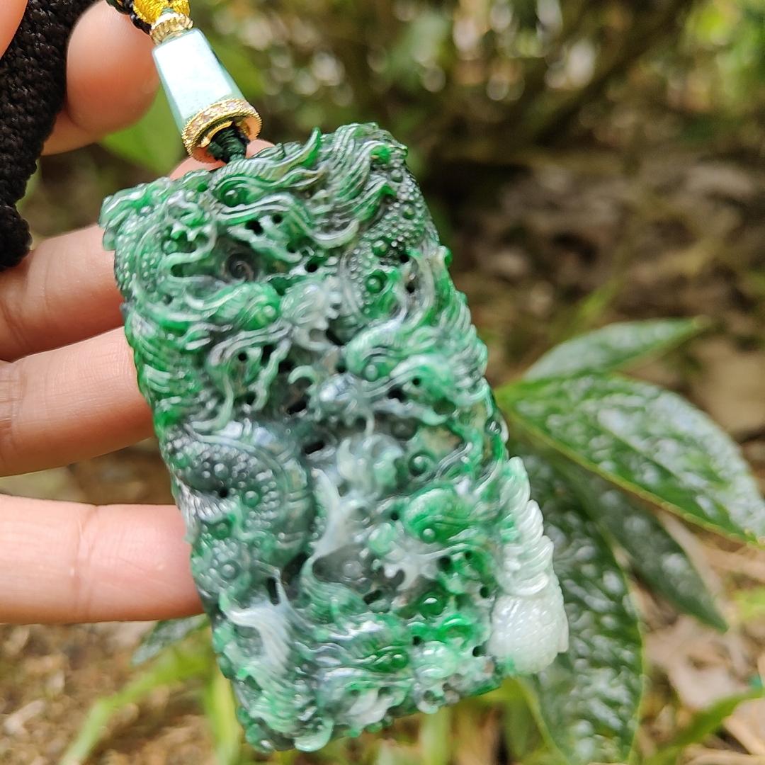 Lots of Green with Wuji carved as nine dragons Natural Type A Jadeite pendant with certificate weight 45.16 grams, 60.30 * 35.30 * 9.90 mm suitable for daily wear (pendant120) Yi Pin Qian