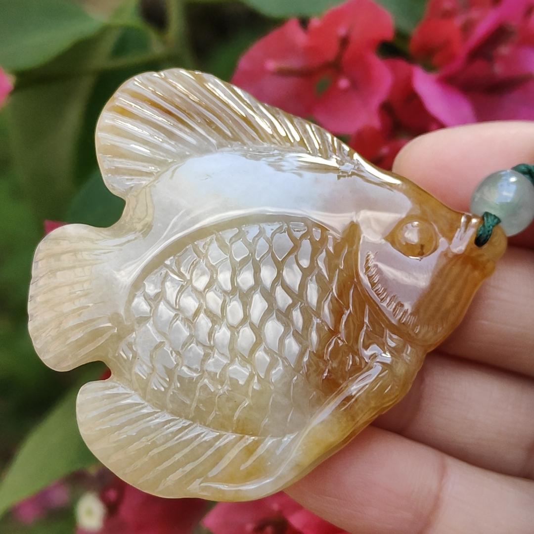 Yellow Natural Type A Jadeite Pendant carved as Fish with certificate weigh 28.33 grams, 55 * 50.2 * 7 mm, meaning Many sons and many blessings, full of children and grandchildren and Life is harmonious and smooth,free from worries and sorrows (pendant77) Yi Pin Qian