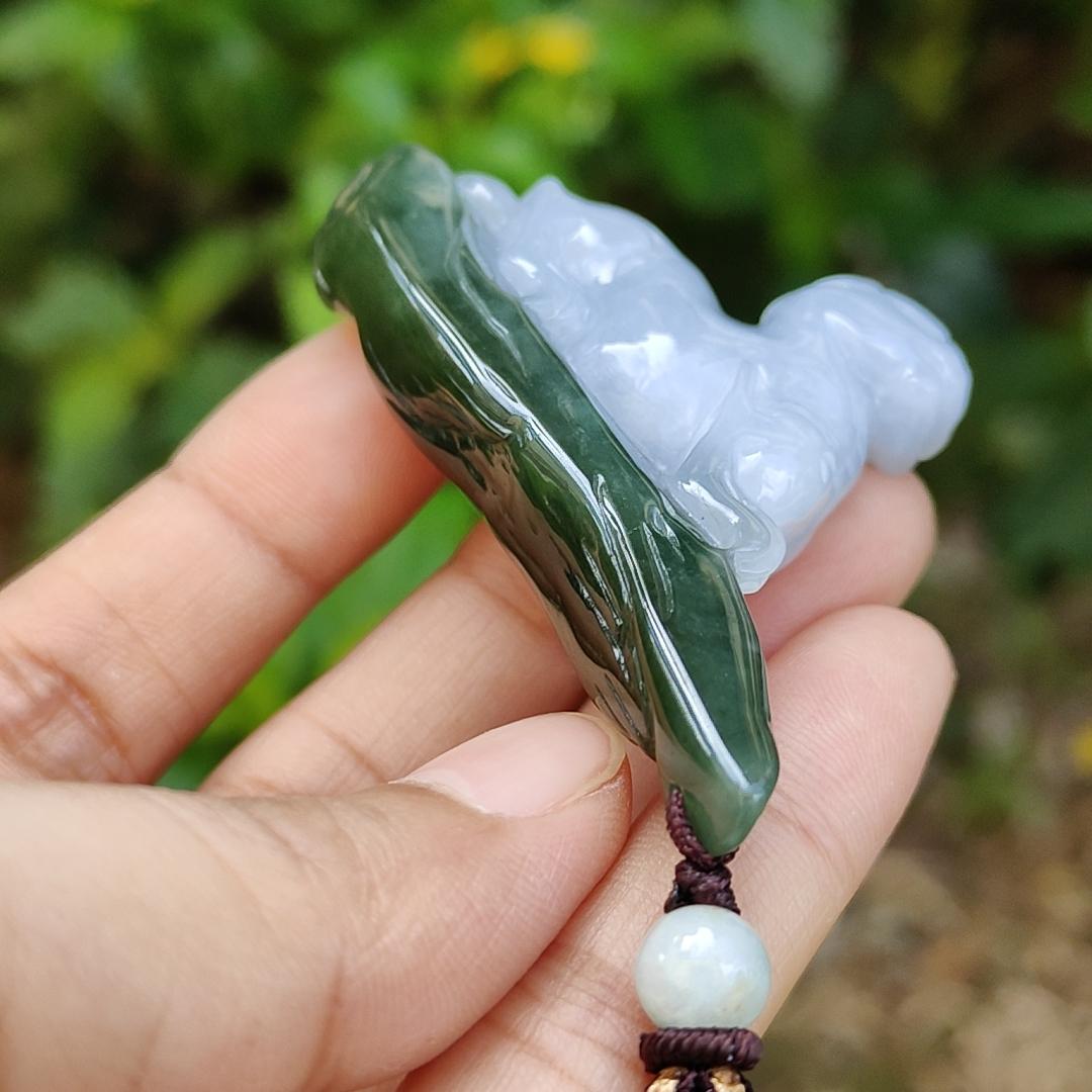 Lavender and Green Natural Type A Jadeite Handheld Piece crafted with Pixiu meaning rich, happiness and good luck with certificate weight 29.97 grams, 61.30 * 10.70 * 34.60 mm, also suitable for display anywhere at home, car or office (hand1) Yi Pin Qian