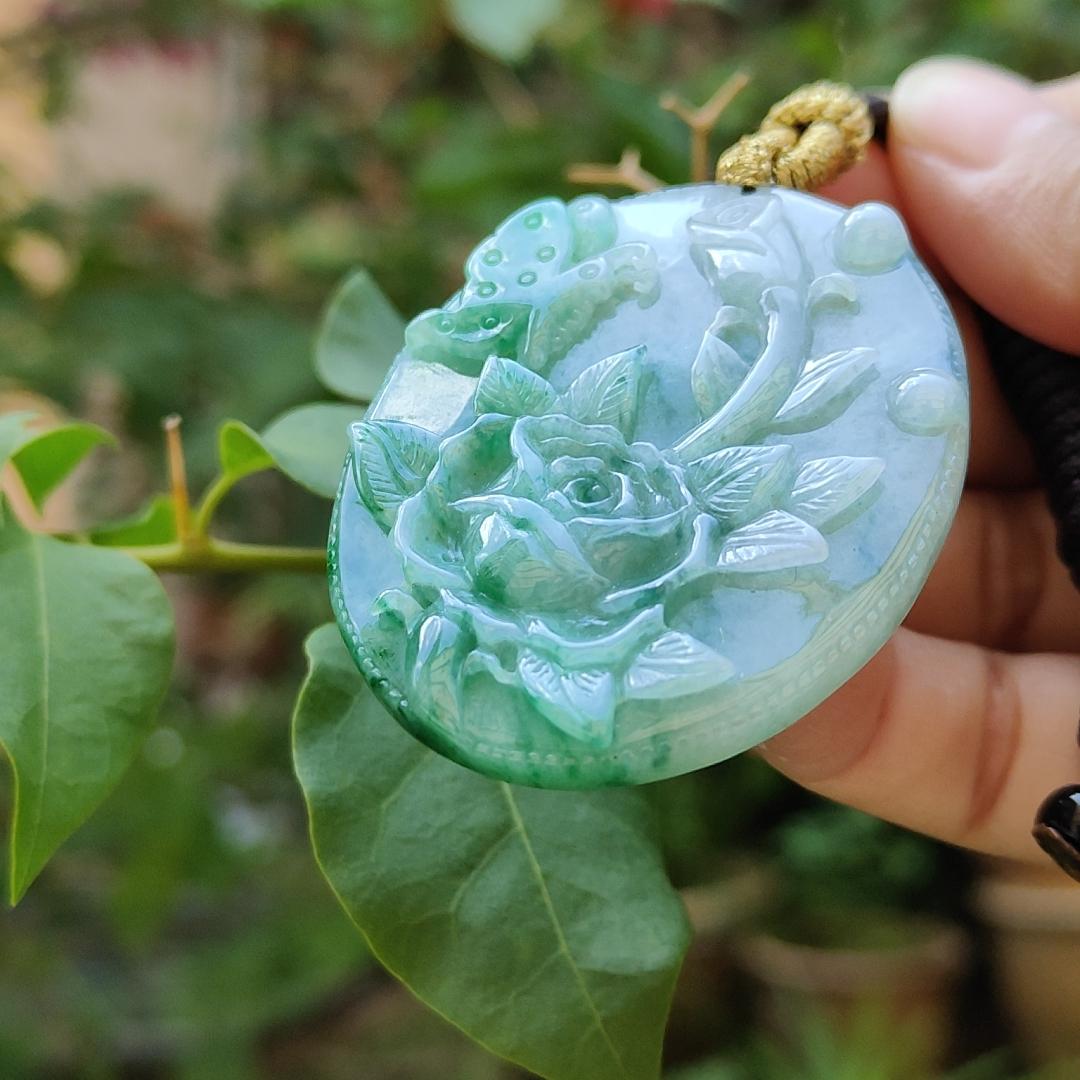 Green with green patches Natural Type A Jadeite Pendant carved with Butterfly and flowers represents Sweet Love with happy marriage, wealthy with flowers blooming and mutual love, certificate weigh 26.02 g, 49.3 * 40.6 * 6.8 mm (pendant84) Yi Pin Qian