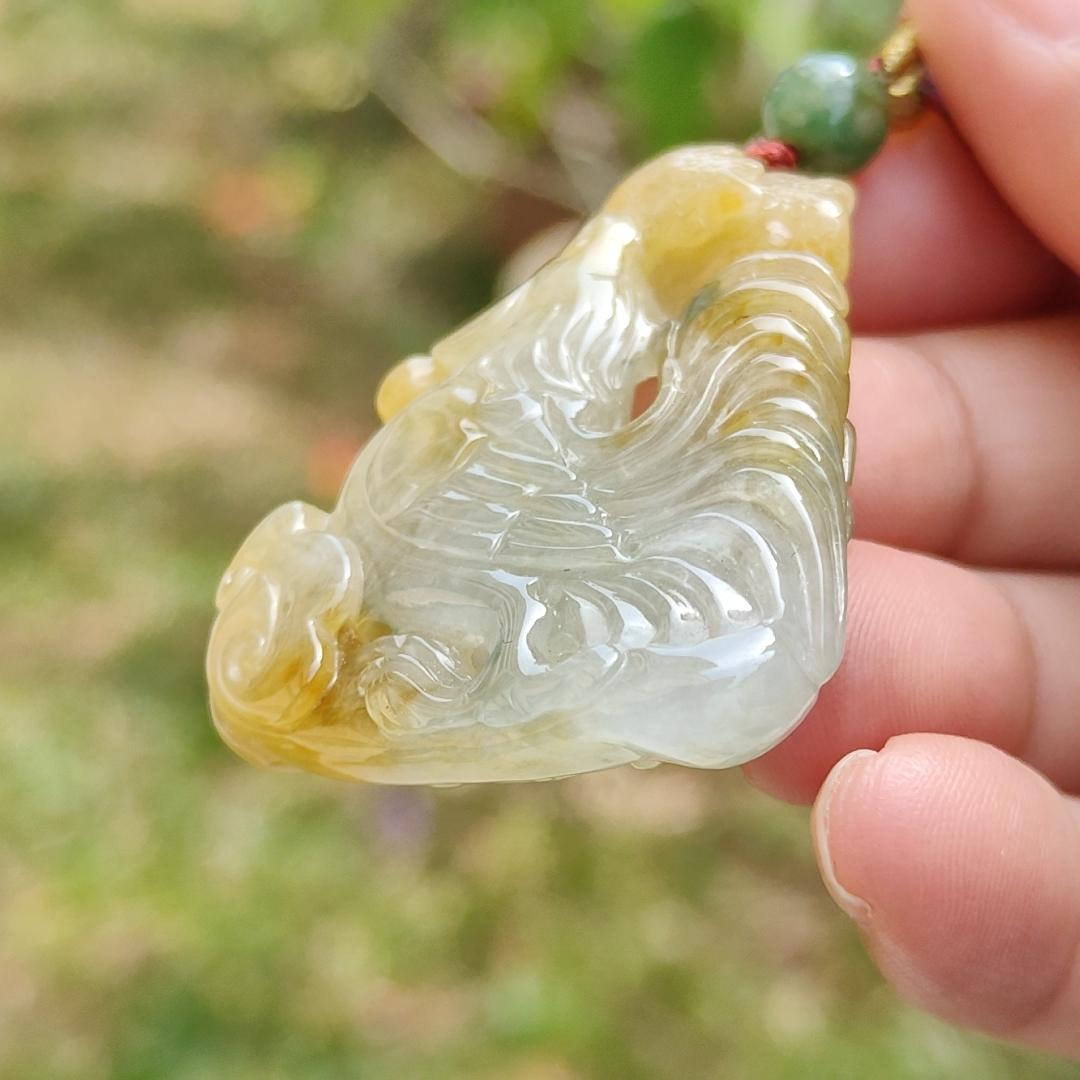 Premium Quality Yellow and Green Natural Type A Jadeite Jade crafted as Rooster with Ruyi as pendant necklace with certificate weigh 17.7 grams, measurement 41.6 * 34.8 * 7.5 mm (pendant208) Yi Pin Qian