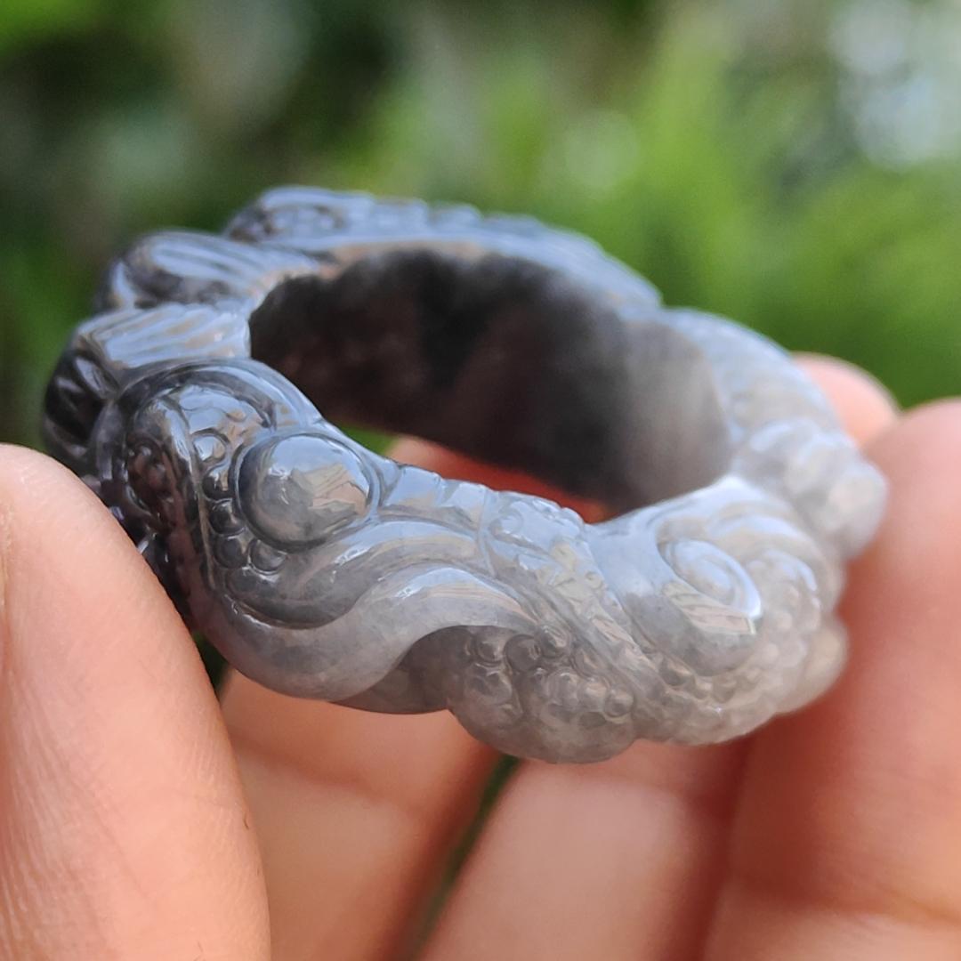 Black and White Natural Type A Jadeite Jade crafted with Dragon as 21mm Ring, certificate weigh 16.8 grams, measurement 10.5 * 8.3 mm (ring7) Yi Pin Qian