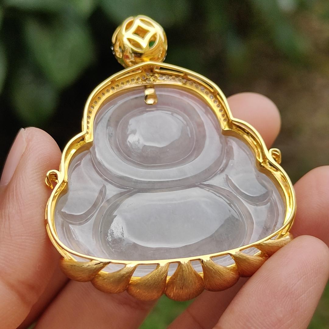 Premium Icy Translucent Natural Type A Jadeite Jade crafted as Milo Buddha set on 18k gold with diamonds as Pendant, certificate weighs 26.07 grams, measurement 38.8 * 40 * 7.2 mm, (18kp41) Yi Pin Qian