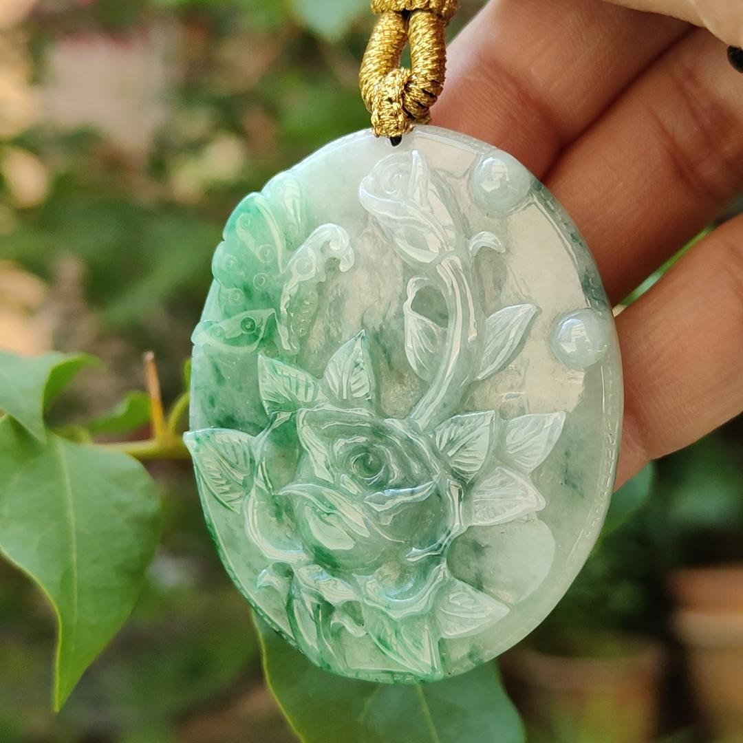 Green with green patches Natural Type A Jadeite Pendant carved with Butterfly and flowers represents Sweet Love with happy marriage, wealthy with flowers blooming and mutual love, certificate weigh 26.02 g, 49.3 * 40.6 * 6.8 mm (pendant84) Yi Pin Qian