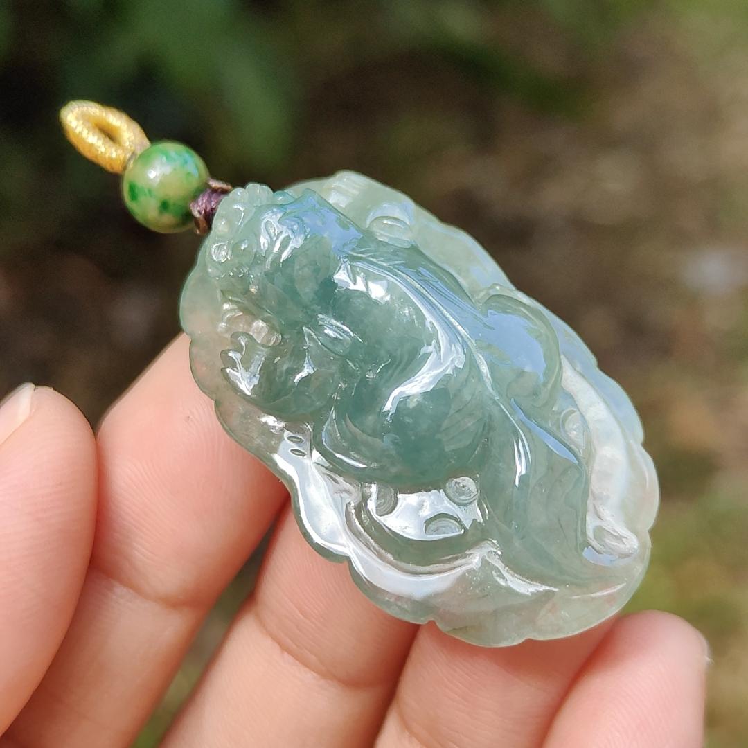 Green Natural Type A Jadeite Jade crafted with Pixiu as Pendant, certificate weighs 12.84 grams, measurement 40 * 23.8 * 10 mm (pendant251) Yi Pin Qian