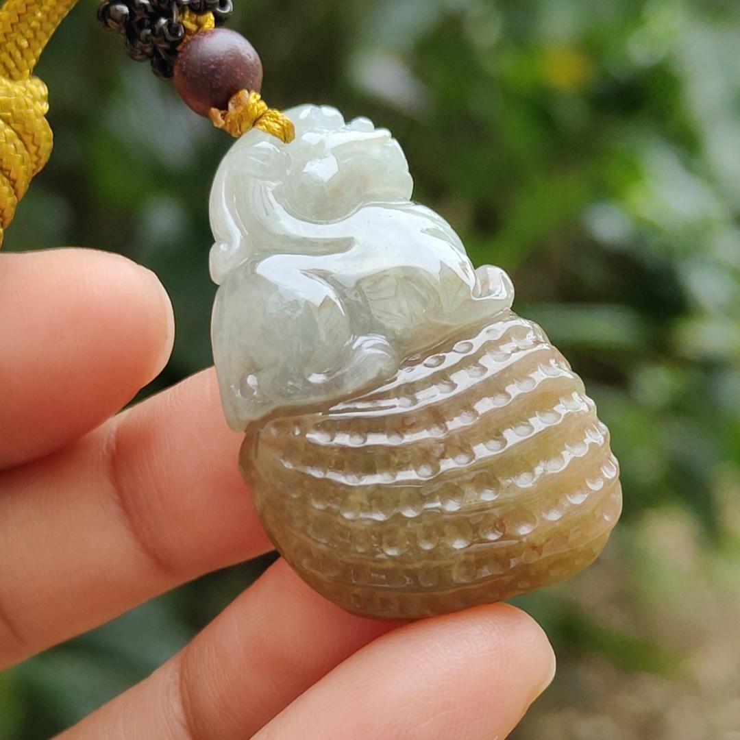 Quality Yellow with Light Green Hue Natural Type A Jadeite Jade crafted with Lion as Pendant, certificate weighs 17.82 grams, measurement 38 * 24 * 11.6 mm (pendant241) Yi Pin Qian