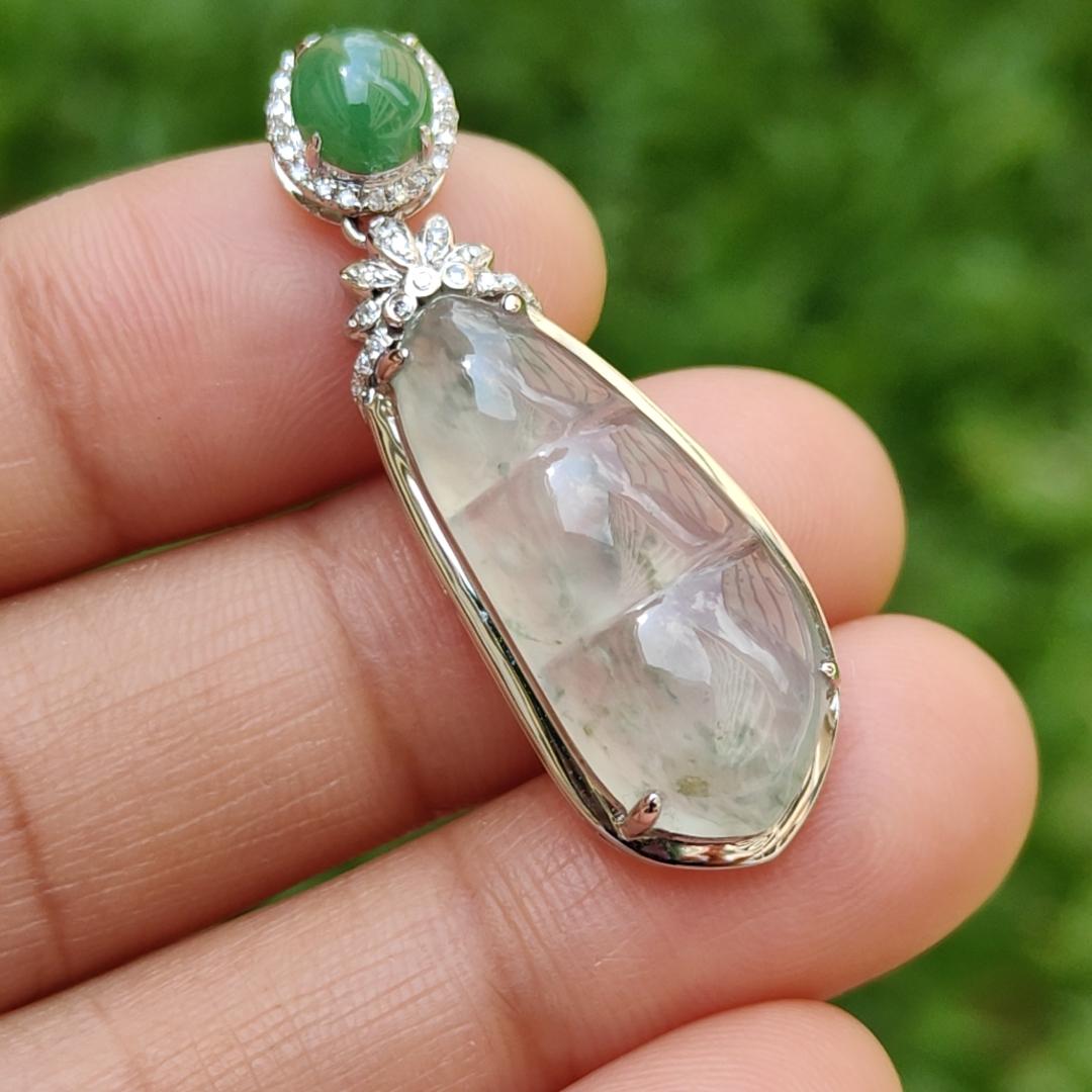Premium Icy Translucent Natural Type A Jadeite Jade crafted as Four Seasons Fortune Beans set on 18k gold with 1 green cabochon and diamonds, certificate include weigh 3.86 grams, measurement 36.7 * 12.5 * 7mm (18kp14) Yi Pin Qian