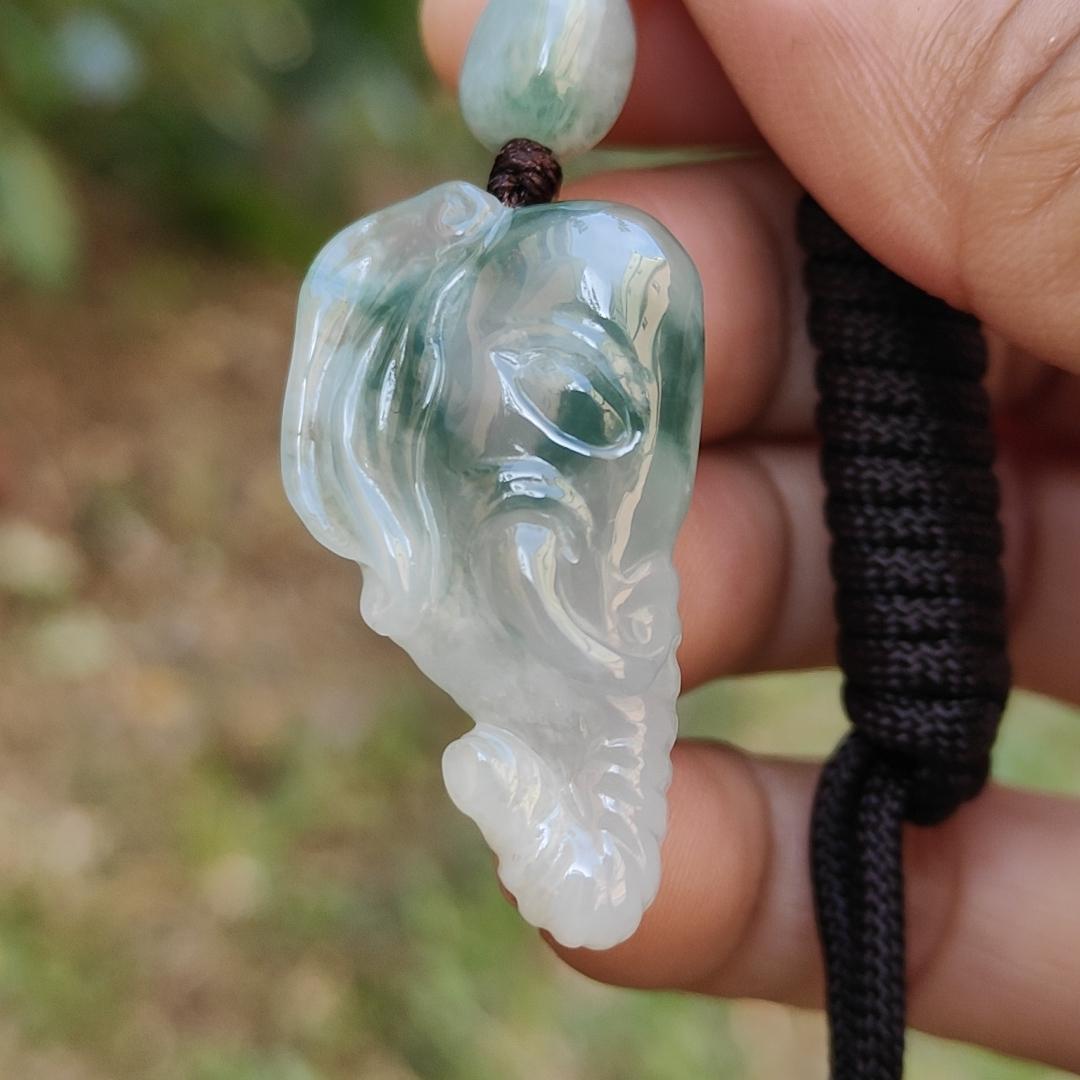 Very Rare Semi Icy Light Green Patches Natural Type A Jadeite Jade crafted with Elephant as Pendant, certificate weighs 8.63 grams, measurement 33 * 19.1 * 8.8 mm (pendant244) Yi Pin Qian