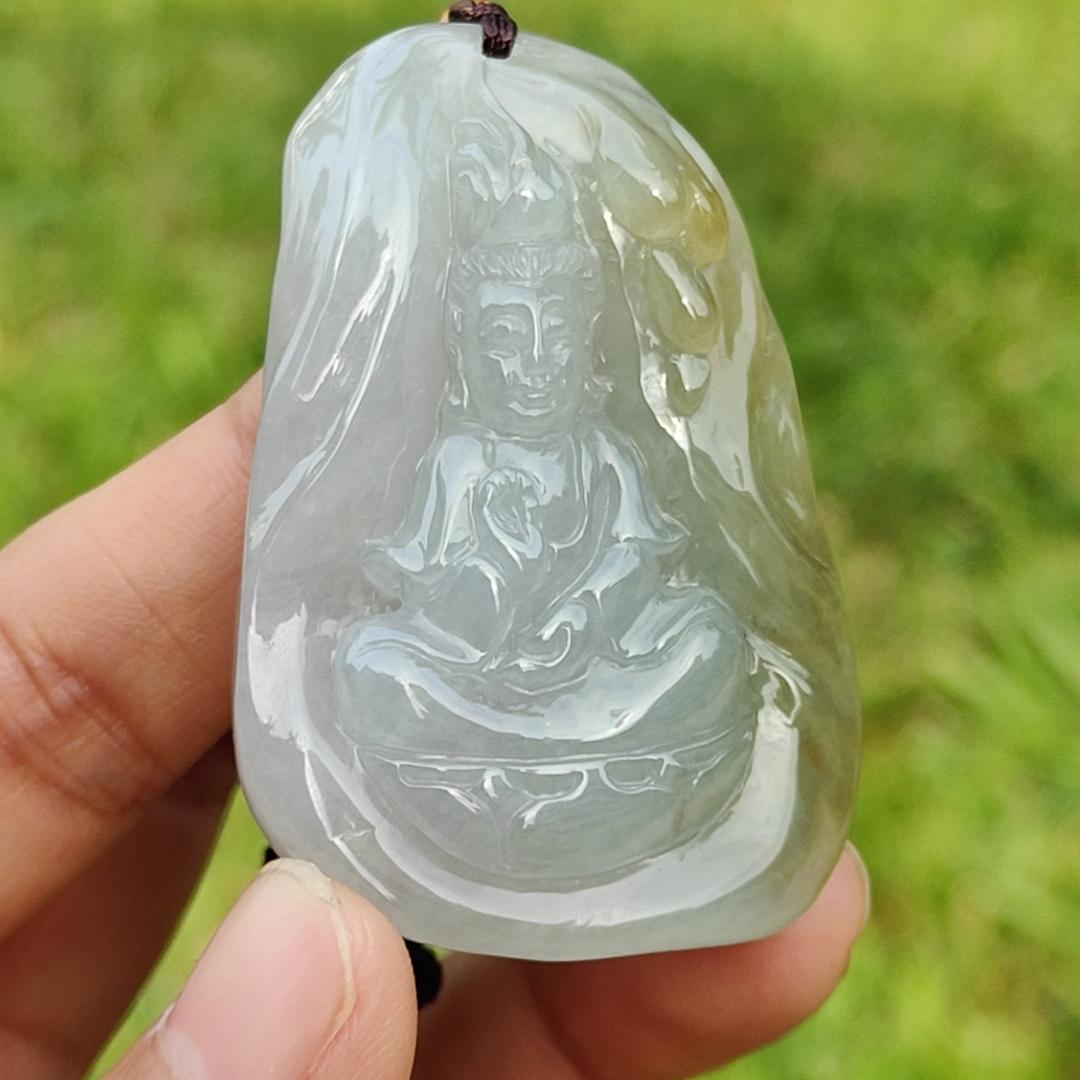 Light Green and Yellow Natural Type A Jadeite Jade Pendant Necklace crafted with Guanyin, certificate included weigh 34.84 grams, Measurement 52 * 35.9 * 11.1 mm (pendant176) Yi Pin Qian