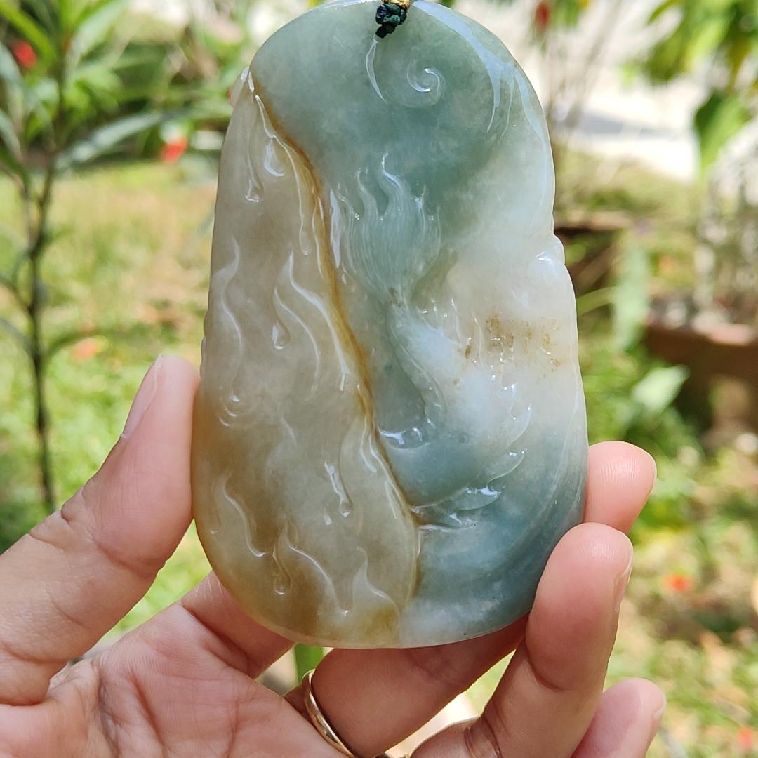 Light Green and Yellow Natural Type A Jadeite Jade Crafted with Dragon and Pheonix as Pendant, Certificate weigh 96.95 grams, measurement 90.2 * 55.7 * 11.5 mm (pendant222) Yi Pin Qian