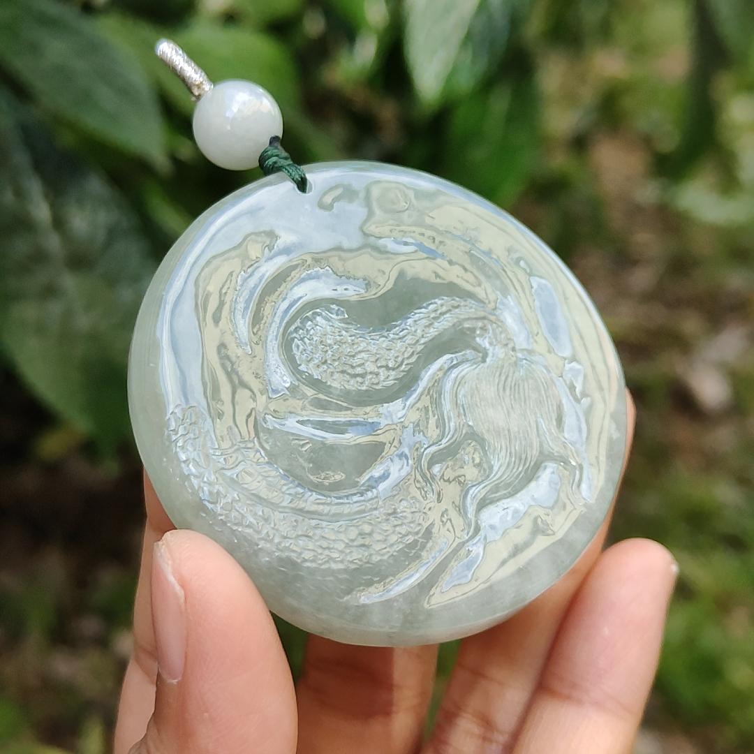 Premium Full Light Green Natural Type A Jadeite Jade Pendant Necklace crafted with Dragon with good glossy shines, certificate included weigh 77.81 grams, 55.5 * 55.5 * 13.8 mm (pendant169) Yi Pin Qian