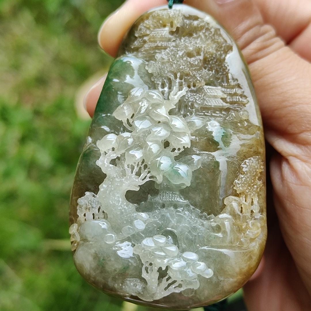 Hugh, Rare, High-Quality Brown with Light Green Natural Type A Jadeite Jade crafted with Sceneries as Pendant, certificate weighs 67.2 * 43.3 * 19.3 mm (pendant266) Yi Pin Qian