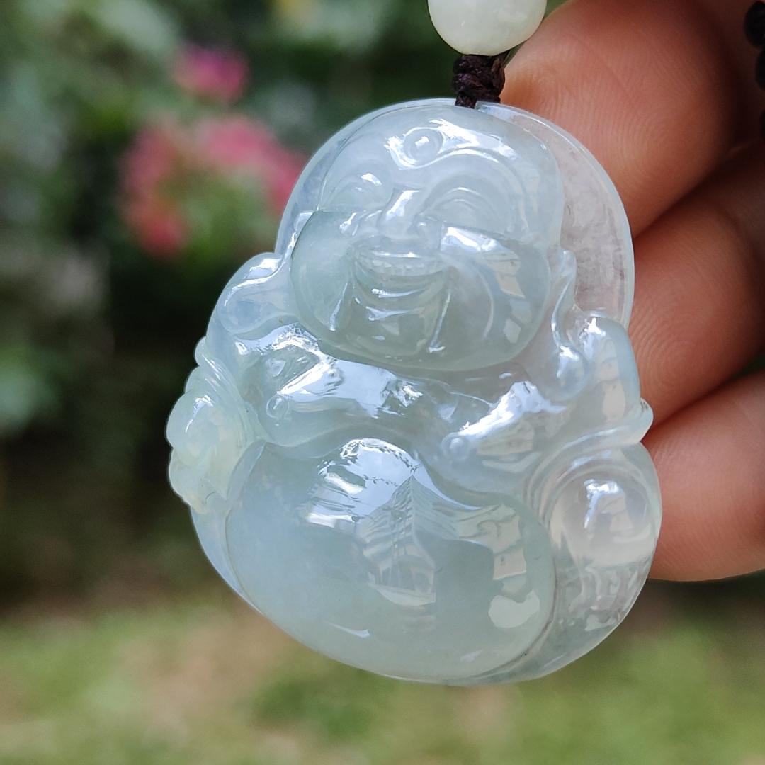 Premium Quality with good density and light green bluish hue Natural Type A Jadeite Pendant Necklace crafted with Laughing Buddha, certificate included weigh 17.14 grams, 36.7 * 34.2 * 8.7 mm, a good collection or for your daily wear (pendant32) Yi Pin Qian
